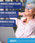 Woman relaxed at desk with Magnetic Fluorescent Light Covers For Ceiling Lights 5 Pack Sky Blue Cloud Filters Easy Install Reduces Glare Headaches And Eyestrain In Classrooms And Offices.