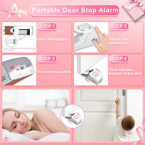 Pink 4 Pack Portable Door Locks With Door Stop Alarms For Extra Privacy And Home Security Easy Tool Free Setup For Travel Hotels Dorms Apartments College Students shown in use and setup steps