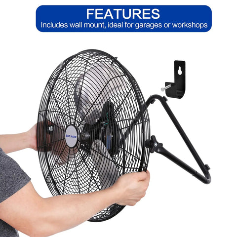 Heavy Duty 20 Inch High Velocity Floor Fan With 4650 CFM, Three Speeds, Metal Construction wall mounted in garage