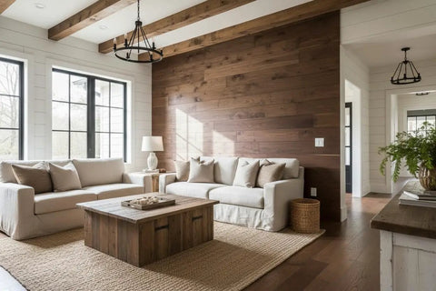 Modern living room featuring Top Shelf Rustic Walnut Oxidizing Wood Stain walls, light sofas, and rustic decor.