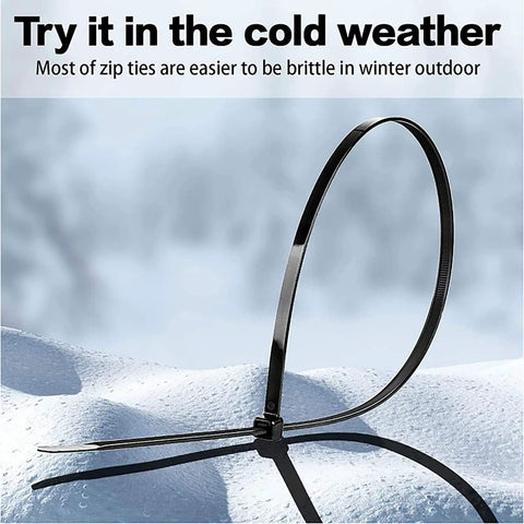 Heavy Duty 20 Inch Black Zip Ties Outdoor Wire Ties 160Lb Tie Wraps in cold weather showing flexibility over snow