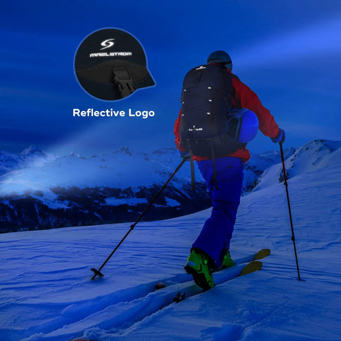 Skier with 40L Lightweight Hiking Backpack With Rain Cover Ripstop 210D Nylon Daypack For Camping And Trekking on snowy slope