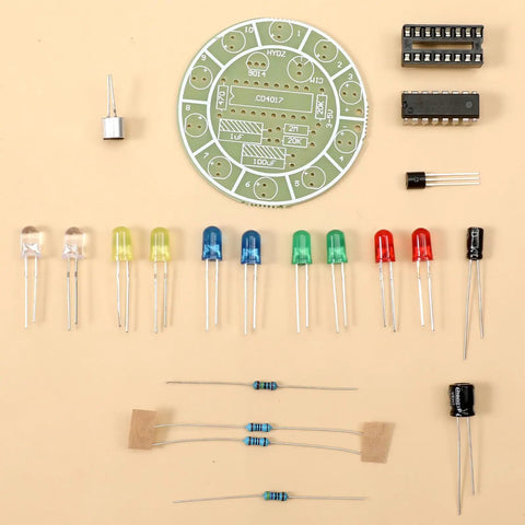 DIY Soldering Practice Kit With CD4017 Lucky Wheel LED Circuit Board components for beginners and hobbyists.