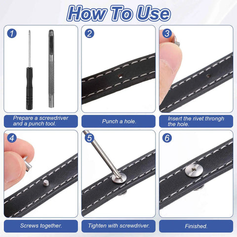 Straight Up Durable Chicago Screws And Leather Rivet Sets With Stainless Steel Bolt Studs For Belt Hardware Bag Fixes And DIY Crafting Projects That Stay Sharp All Day Long, showing step-by-step assembly process.