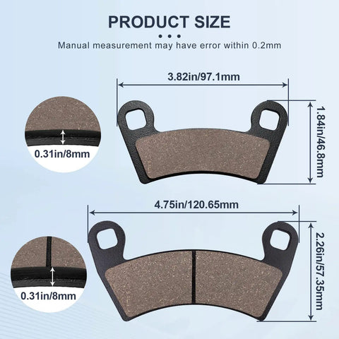 Front And Rear Brake Pads For Polaris Ranger XP 1000 2018-2023 General 1000 EPS, detailed size measurements displayed
