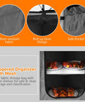 Zippered organizer with mesh shelves featuring roll-up door, wear-resistant fabric, and side pocket of a Folding Grill Table With 26 Inch Tabletop And Detachable Windscreen For Camping Kitchen Station Portable Aluminum Camp Cook Set With Carry Bag Easy Quick Setup For BBQ Picnic Backyard Grey.