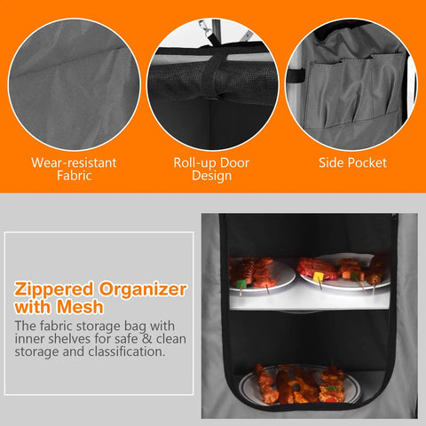 Zippered organizer with mesh shelves featuring roll-up door, wear-resistant fabric, and side pocket of a Folding Grill Table With 26 Inch Tabletop And Detachable Windscreen For Camping Kitchen Station Portable Aluminum Camp Cook Set With Carry Bag Easy Quick Setup For BBQ Picnic Backyard Grey.