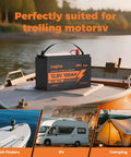 12V 100Ah LiFePO4 Battery With 100A BMS And 15000 Plus Deep Cycles on boat, suited for trolling motors, RV, camping, and fishing