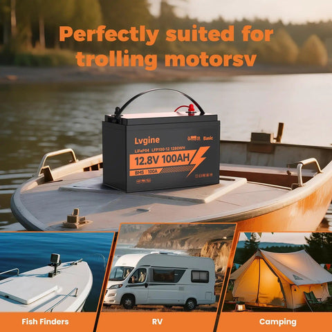 12V 100Ah LiFePO4 Battery With 100A BMS And 15000 Plus Deep Cycles on boat, suited for trolling motors, RV, camping, and fishing