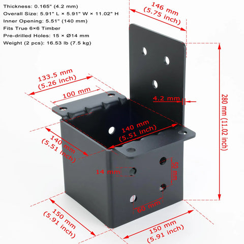 Beefed Up 6x6 Pergola Brackets Set With Inner 5.51 Inch Square, Carbon Steel 3/16 Inch Thick, Corner Support And Three Way Fixing For DIY Post And Beam Connections In Outdoor Gazebos Log Cabins Sunrooms Carports And Deck Railing
