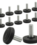 Level Your Layout Like A Pro With This 12 Pack Of M6 Threaded Adjustable Furniture Leveling Feet Featuring Screw In Galvanized Steel Core And Black Rubberized Base For Solid Zero Wobble Support, showing black rubberized bases with galvanized steel stems.