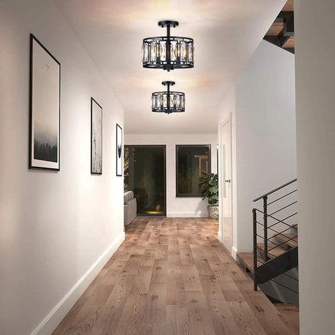 Modern Crystal Semi Flush Mount Black Ceiling Light With Three Lights For Dining Room Bedroom Kitchen Island Hallway Entryway Close To Ceiling That Delivers Sparkling Transparent Crystals And A Bold Glam Glow