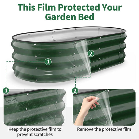 Sturdy Galvanized Steel Raised Garden Bed With 12 Inch Depth Oval Open Bottom Design Yard Ready No Fuss For Outdoor Veggies And Herbs 4X2 Foot Frame Easy Ground Level Gardening Forest Green shown with protective film being removed