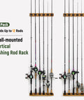 Vertical Wooden Fishing Rod Holder Set 2 Pack, Wall Mounted Rod Rack Holds Up To 12 Rods Or Combos, shown with poles on wall