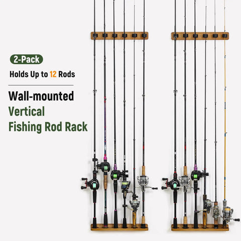 Vertical Wooden Fishing Rod Holder Set 2 Pack, Wall Mounted Rod Rack Holds Up To 12 Rods Or Combos, shown with poles on wall