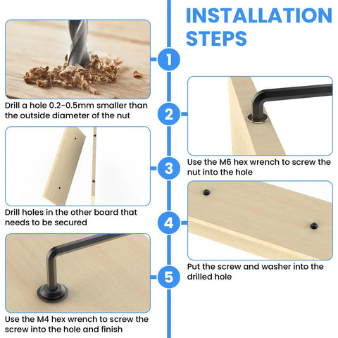 Installation steps for Heavy Duty 30 Pack Of 1/4-20 Threaded Inserts Matched With Flat Head Hex Socket Screws.