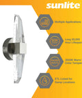 Side view of 12-Inch LED Crystal Shape Two-Light Wall Sconce with dimmable warm white glow, ETL listed, brushed nickel finish.