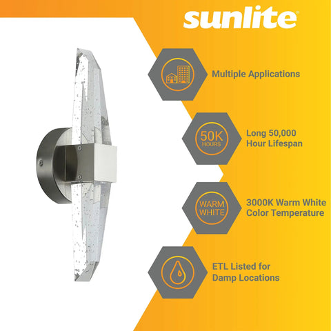 Side view of 12-Inch LED Crystal Shape Two-Light Wall Sconce with dimmable warm white glow, ETL listed, brushed nickel finish.
