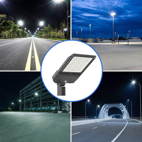 Beast Bright 300W LED Parking Lot Light with 39,000 Lumens illuminating roadways and yards at night, showcasing high efficiency and IP66 waterproof.