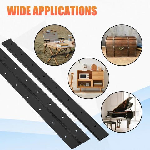 Get Your Gear On With These Badass 2 Pack 18 Inch Black Stainless Steel Piano Hinges on various applications like furniture and a piano.