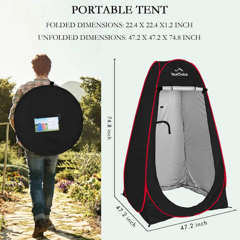 Pop Up Shower Tent For Outdoor Privacy, Tool Free Setup In A Snap shown folded and fully set up, 47.2W x 74.8H