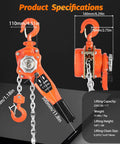 Lever Chain Hoist 1 Ton 3M Chain Length Manual Ratchet Puller Hoist with Two Hooks in orange, showing dimensions and specifications.