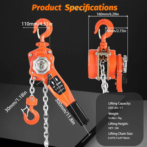 Lever Chain Hoist 1 Ton 3M Chain Length Manual Ratchet Puller Hoist with Two Hooks in orange, showing dimensions and specifications.