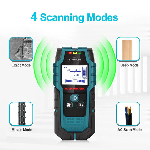 Pro 5 In 1 Stud Finder Wall Scanner with Smart Sensor, Audio Alarm, HD LCD Display; showing exact, deep, metals, AC scan modes.