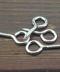 Close-up of 50 Pack Size 8 Screw Eyes Nickel Plated Steel Screw In Eye Hooks Silver Rust Resistant for heavy duty support.