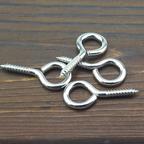 Close-up of 50 Pack Size 8 Screw Eyes Nickel Plated Steel Screw In Eye Hooks Silver Rust Resistant for heavy duty support.