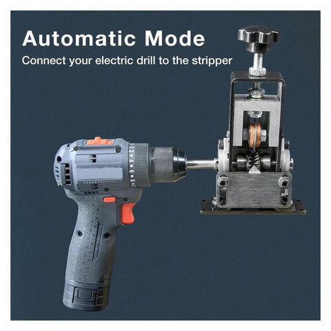 Heavy Duty Electric Wire Stripping Machine For Scrap Copper Cable Peeling And Cutting Tool in automatic mode with electric drill connection.