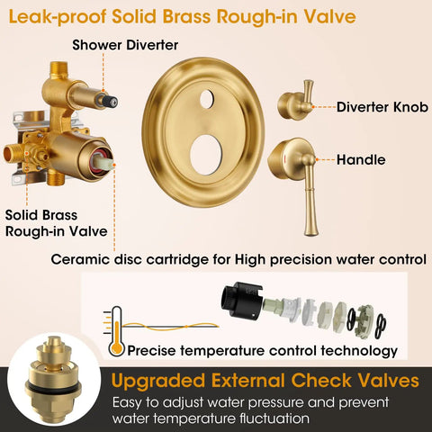 Antique Style Rain Shower System With Balance Pressure Valve And Brushed Gold Trim For Any Bathroom Vibe Premium Solid Brass Build Legit Durable Setup Smooth High Flow Spray No Clogging Design