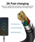 Front view of black braided USB-C to USB-A charging cable, showing tinned copper core and aluminum foil shielding