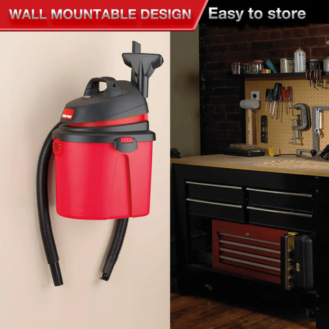 4 Gallon 4.0 Peak HP Wet Dry Shop Vacuum Grab-and-Go Portable with wall mount in garage workshop setting