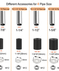 Different Accessories for 4 Pipe Size with various diameter measurements and washers for universal fit.