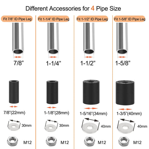 Different Accessories for 4 Pipe Size with various diameter measurements and washers for universal fit.