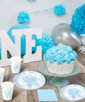 Blue Hot Air Balloon Party Supplies Set For 24 Guests 120 Pcs Disposable Dinnerware Includes 7 And 9 Inch Plates Cups Forks Napkins For Easy No Fuss Party Decor with blue decorations and cake