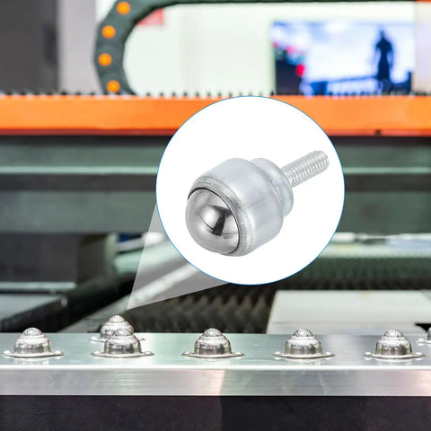 Four Pack Heavy Duty 3/4 Inch Roller Ball Transfer Bearings featured on conveyor with durable carbon steel base.