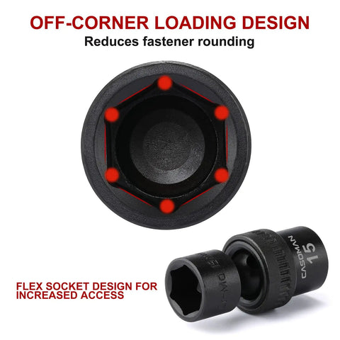 10 Piece 3/8 Inch Drive Universal Flex Impact Socket Set, 6-Point CR-MO Steel, detail of socket with off-corner loading design