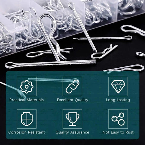 Zinc Plated Steel Cotter Pin Hair Pin R Clip Fastener Assortment Kit With Multiple Sizes shown with pins in a clear box