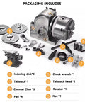 Precision Built Indexing Head With Tailstock For 6 Inch Milling Machine Rotary Table shown with components including disks and tailstock.