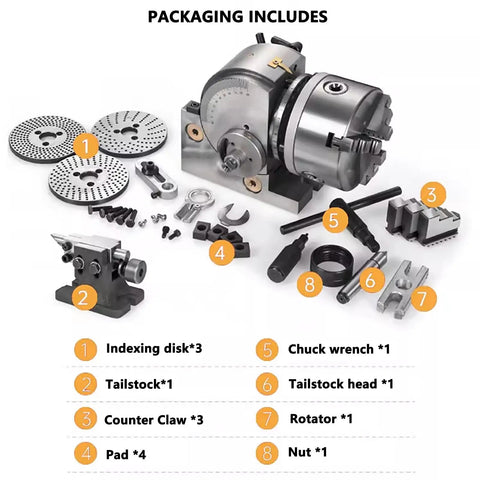 Precision Built Indexing Head With Tailstock For 6 Inch Milling Machine Rotary Table shown with components including disks and tailstock.