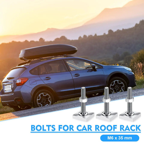 Car with roof box and 12 Pack M6 35mm T Slot Bolts With Square Heads For Roof Rack Stainless Steel Heavy Duty T Track Bolts Kit