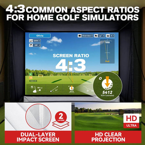 11 By 8 Ft Golf Simulator Enclosure With HD Dual Layer Impact Screen showing 4:3 screen ratio and simulator interface