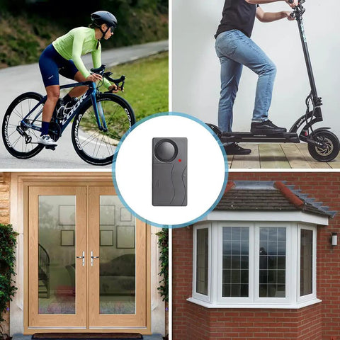 2 Pack Anti Theft Vibration Alarm With 110dB Loud Siren And Adjustable Sensitivity Motion Sensor Built In For Doors Windows Bikes Motorcycles RVs And More Keeps Your Gear Safe While You Roll Park Or Chill. Device shown for bike, scooter, door, and window use