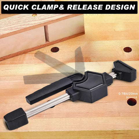 Beefy Heavy Duty Bench Clamp Set With Quick Release For 20mm Bench Dog Holes, 170lbs Grip, Adjustable Woodworking Clamp For Glueups, Assembly, And Planing Projects Plus Durable PA6 GF30 Construction And Rubber Pads on wood bench
