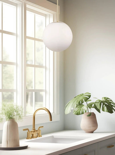 Ceres 14-Inch Mid Century Modern Globe Pendant Light With Frosted Glass Orb Warm Brass Finish Sleek Minimalist Hanging Lamp