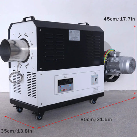 2KW Industrial Hot Air Blower And High Power Heater With Digital PID Temperature Control and Auto Overheat Safety for Heavy Duty Shop Grind Rock Solid Pro Grade Blower, side view with dimensions