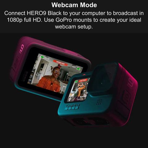 Waterproof Action Camera With Front LCD And Rear Touch Screens, 5K Ultra HD Video, shown in webcam mode with person on screen