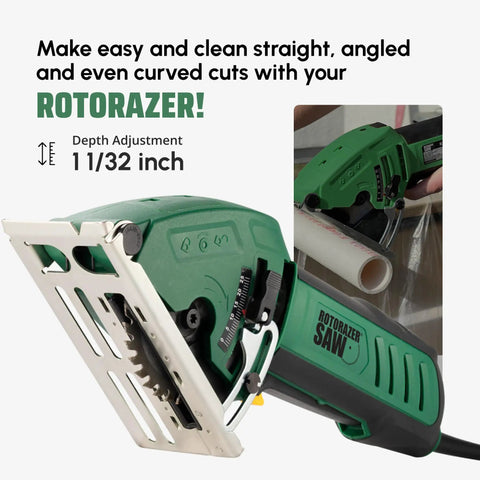 Compact Circular Saw Set For DIY Projects Cut Drywall Tile Grout Metal Pipes PVC Plastic Copper And Carpet With Blades Dust Collector And Case Super Handy As Seen On TV Green showing front view and grip.
